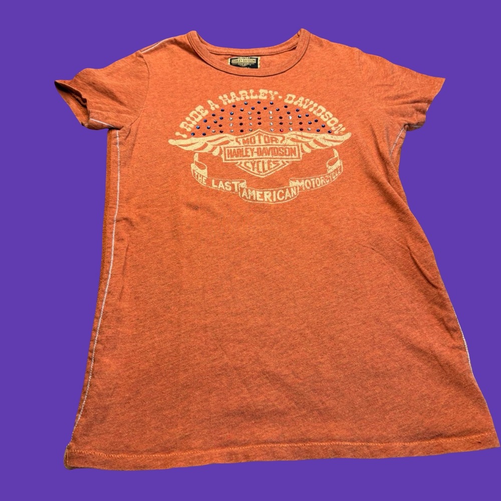Harley Davidson Womens T Shirt Medium Orange Rhinestone Studded Biker Motorcycle